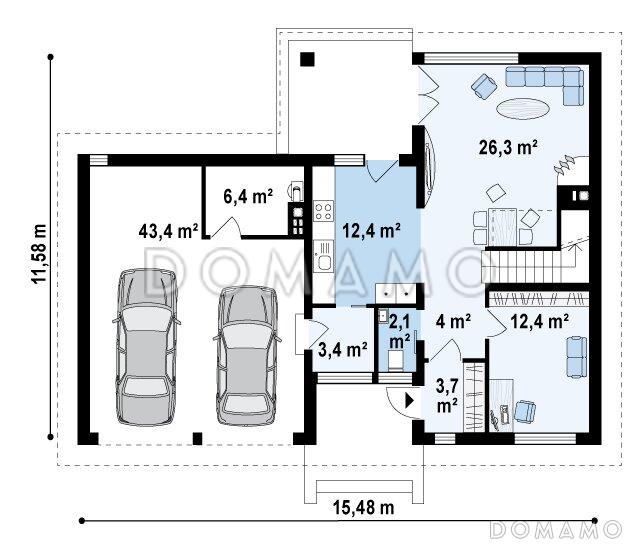 Проект современного двухэтажного дома из газобетона с четырьмя спальнями, кабинетом и пристроенным гаражом на два автомобиля / План 1 этажа