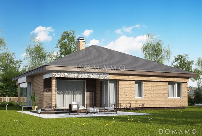 Проект одноэтажного дома из газобетона со стеклянным эркером в просторной гостиной и гаражом на два автомобиля с кирпичной облицовкой