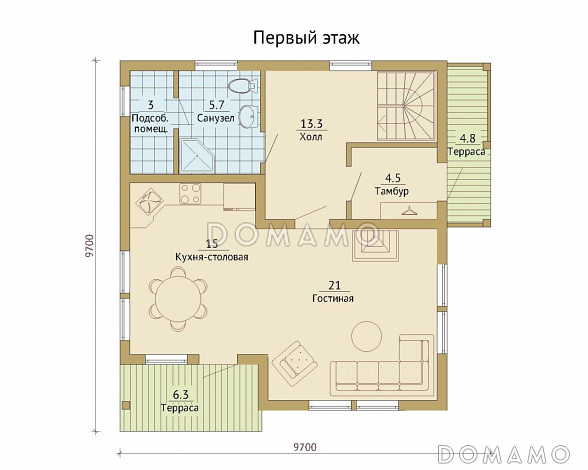 Проект каркасного дома с двумя балконами на мансардном этаже / План 1 этажа
