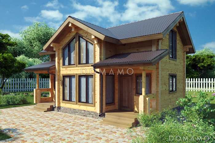 Проект уютного дома из клееного бруса с двумя просторными спальнями на мансардном этаже