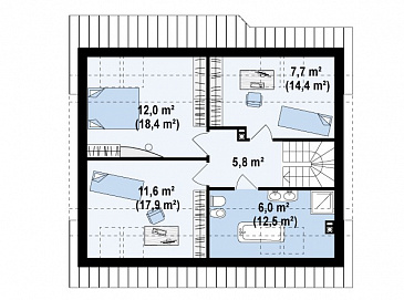 Проект одноэтажного мансардного дома из кирпича с кабинетом, тремя спальнями и эркером в гостиной / План мансардного этажа