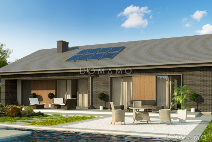 Проект одноэтажного дома с террасой, гаражом, кладовой, тремя спальнями