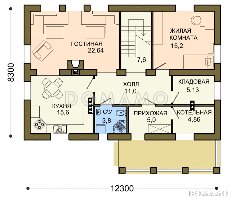 Проект коттеджа с двумя кладовыми и вытянутым крыльцом / План 1 этажа