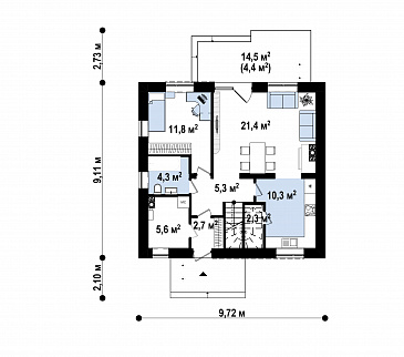 Проект современного загородного дома с террасой, кухней с кладовой, тремя спальнями с балконами на мансарде / План 1 этажа