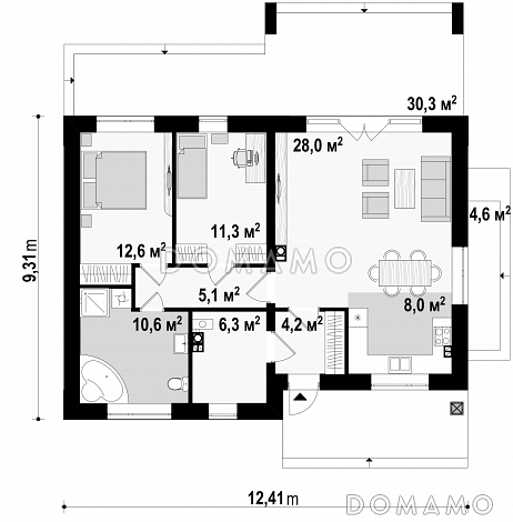 Проект одноэтажного дома из газобетона с оригинальной открытой террасой  / План 1 этажа