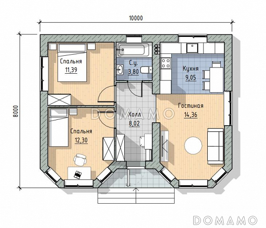 Проект одноэтажного компактного дома в современном стиле / План 1 этажа
