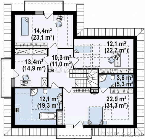 Проект просторного одноэтажного мансардного коттеджа из газобетона с гостевой спальней на первом этаже, кабинетом и гаражом / План мансардного этажа