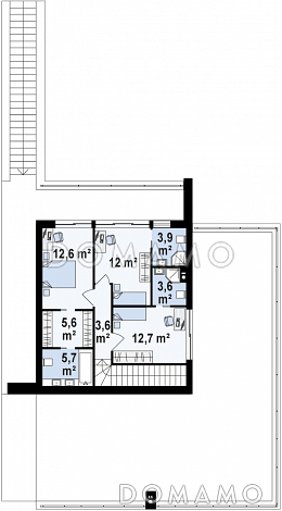 Проект современного двухэтажного дома из кирпича с плоской крышей необычного дизайна, с большими террасами на обоих уровнях, подходит для участка со склоном / План 2 этажа