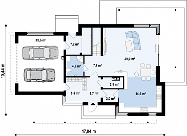 Проект современного двухэтажного дома из кирпича в стиле модерн с пятью спальнями, с гаражом, угловой террасой и балконом над ней / План 1 этажа