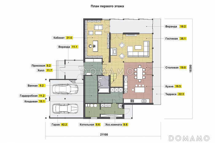 Проект энергоэффективного дома фахверк с гаражом на две машины / План 1 этажа