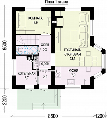 Проект одноэтажного дома из газобетона с мансардой, эркером, треугольными окнами и шатровой ломанной крышей / План 1 этажа