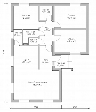 Проект компактного одноэтажного дома из СИП панелей с тремя спальнями и большой кухней-столовой-гостиной / План 1 этажа