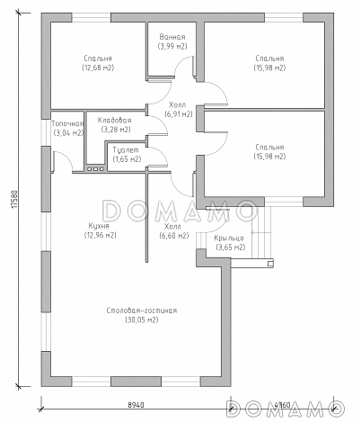 Проект компактного одноэтажного дома из СИП панелей с тремя спальнями и большой кухней-столовой-гостиной / План 1 этажа