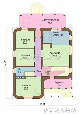 Проект одноэтажного кирпичного коттеджа с мансардным этажом / План 1 этажа