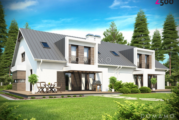 Проект современных мансардных домов-близнецов из газобетона с гаражом, слуховым окном и балконом