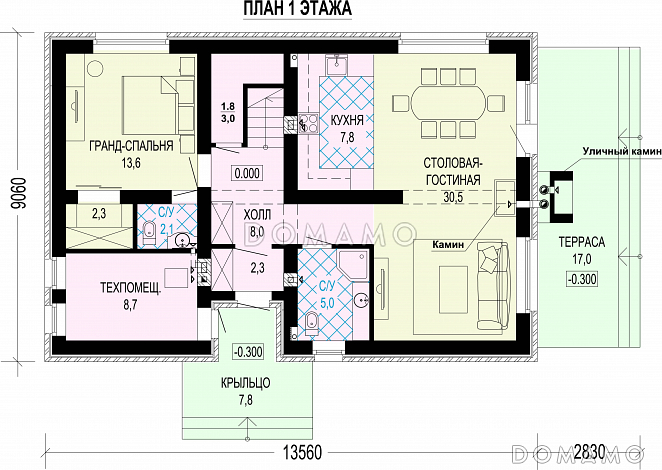 Проект современного двухэтажного дома с тремя мастер-спальнями, котельной и барбекю на террасе / План 1 этажа