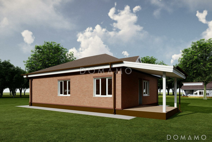 Проект дома с тремя спальнями, кухней-гостиной, большой прихожей и котельной