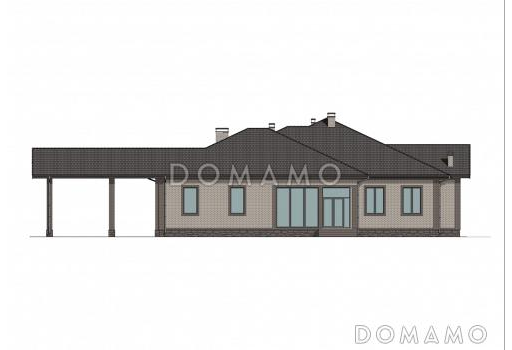 Проект кирпичного дома с навесом, гаражом и тренажерным залом / Фасад 1