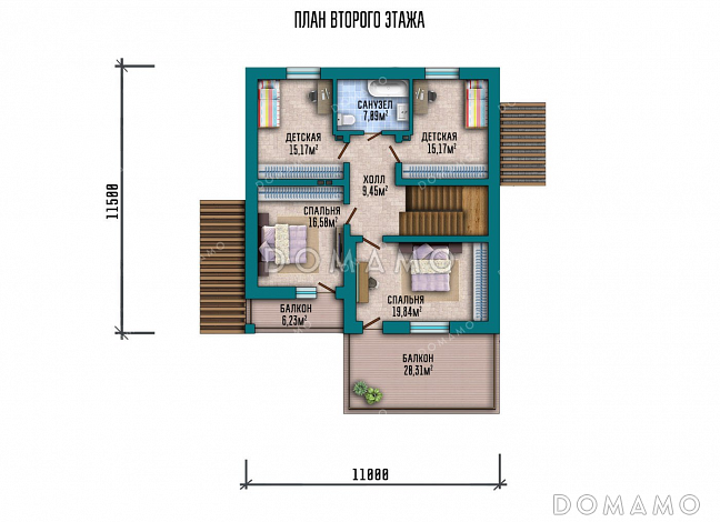 Проект одноэтажного дома с просторной террасой и двумя балконами / План мансардного этажа