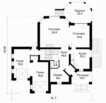 Проект представительного особняка с облицовкой камнем / План 1 этажа