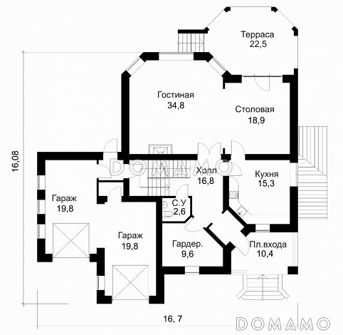 Проект представительного особняка с облицовкой камнем / План 1 этажа