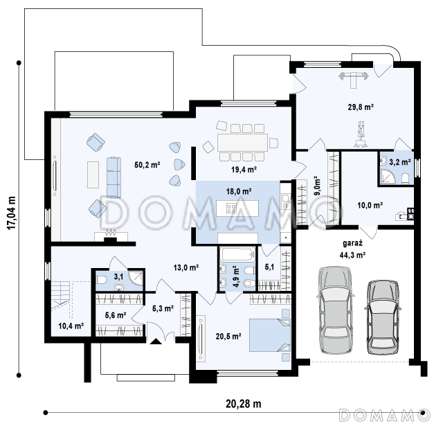 Проект большого комфортабельного двухэтажного дома из кирпича с пятью комнатами, спортзалом и вторым светом над просторной гостиной / План 1 этажа