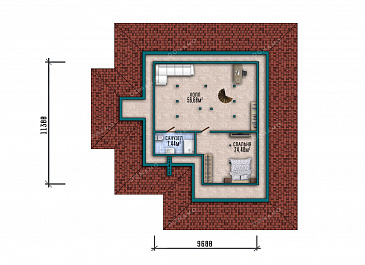 Проект практичного одноэтажного дома с крытой террасой, застекленной верандой, тремя спальнями, кабинетом и тремя санузлами / План мансардного этажа