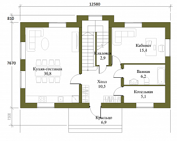 Проект компактного двухэтажного коттеджа по технологии ЛСТК с пятью спальнями / План 1 этажа
