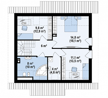 Проект компактного мансардного дома из газобетона с угловой террасой и окнами с французским балконом / План мансардного этажа