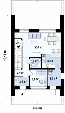Проект современного двухэтажного дома из кирпича с кабинетом для узкого участка / План 1 этажа