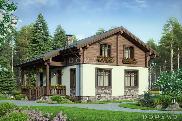 Проект дома с террасой, двумя спальнями на первом этаже, гостиной с кухней-столовой