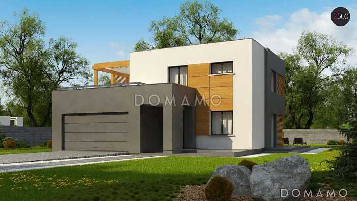 Проект двухэтажного дома из газобетона с плоской крышей, со спальной зоной и террасой на втором этаже и гаражом