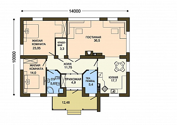 Проект одноэтажного дома с облицовкой кирпичом, двумя спальнями и кладовой / План 1 этажа
