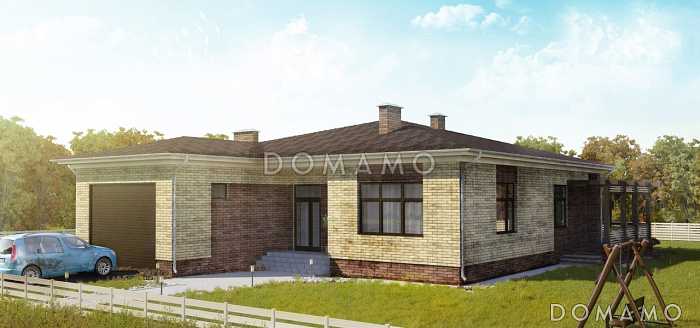 Проект большого одноэтажного дома со встроенным гаражом и большой террасой