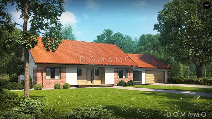 Проект просторного одноэтажного дома из кирпича с тремя спальнями, крытой террасой внутри дома и двухместным гаражом