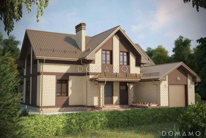 Проект красивого двухэтажного дома из СИП панелей c большим гаражом и террасой