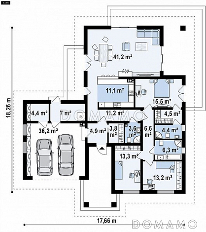 Проект просторного одноэтажного дома из кирпича с тремя спальнями, большой гостиной-столовой и гаражом на два автомобиля / План 1 этажа