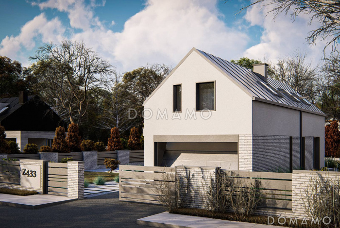 Проект загородного дома с двухскатной крышей, гаражом, просторной гостиной, кладовой в кухне