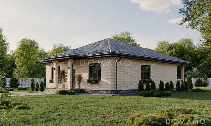 Проект компактного одноэтажного дома с большой террасой, вальмовой кровлей и двумя санузлами