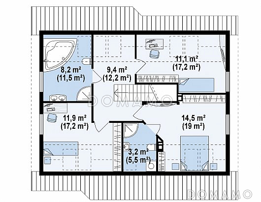 Проект одноэтажного мансардного дома из газобетона с кабинетом и тремя комнатами / План мансардного этажа