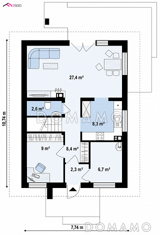 Проект одноэтажного мансардного дома из кирпича с кабинетом и балконом / План 1 этажа
