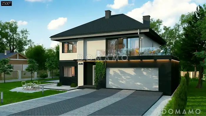 Проект двухэтажного дома с гаражом, мастер-спальней и гардеробными в спальнях