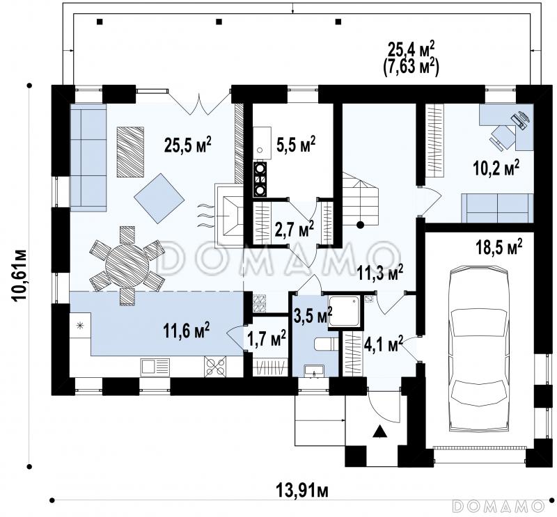 Проект современного мансардного дома из кирпича с пятью комнатами и гаражом / План 1 этажа