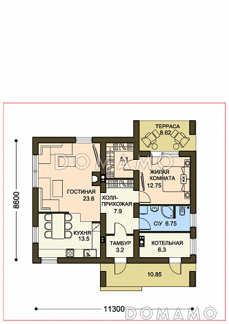 Проект небольшого одноэтажного дома с гардеробной и приватной террасой / План 1 этажа