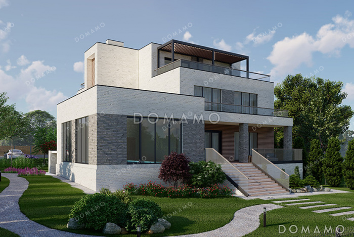 Проект современного особняка с бассейном, бильярдной и открытыми балконами на третьем этаже