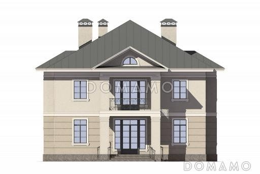 Проект дома с большой гостиной, санузлом, гостевой, хозяйской спальней с балконом / Фасад 2