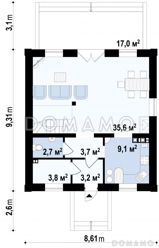 Проект одноэтажного дома из кирпича с мансардой и просторной гостиной / План 1 этажа
