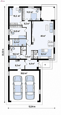 Проект просторного одноэтажного дома из газобетона с четырьмя комнатами, крытой угловой террасой и гаражом / План 1 этажа