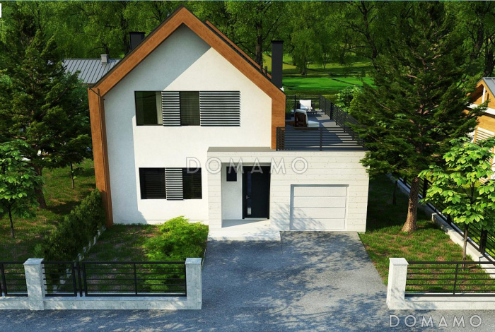 Проект современного двухэтажного дома из кирпича для двух семей, с гаражом и террасой над ним