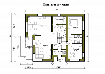 Проект двухэтажного дома из керамических блоков с двускатной крышей с подвалом, террасой и балконом / План 1 этажа